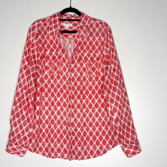 Charter Club Linen Geo Button Down Popover Long Sleeve Shirt Women's Size Large - Picture 1 of 8